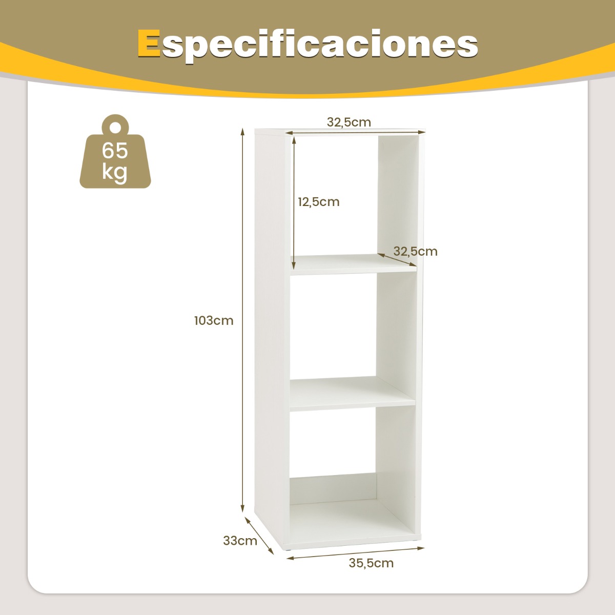 Estantería con 3 Cubos con Espalda Abierta para Almacenamiento con Kit Antivuelco para Estudio Dormitorio Salón 35,5 x 33 x 103 cm Blanco
