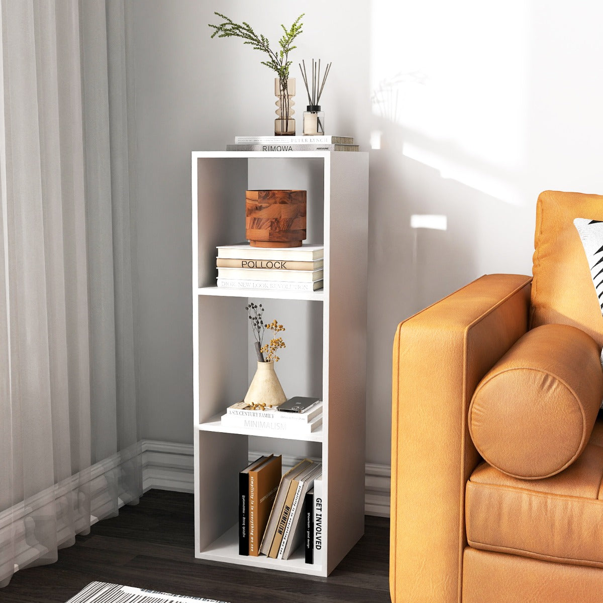 Estantería con 3 Cubos con Espalda Abierta para Almacenamiento con Kit Antivuelco para Estudio Dormitorio Salón 35,5 x 33 x 103 cm Blanco