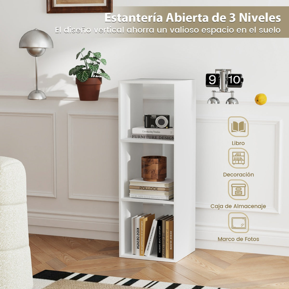 Estantería con 3 Cubos con Espalda Abierta para Almacenamiento con Kit Antivuelco para Estudio Dormitorio Salón 35,5 x 33 x 103 cm Blanco