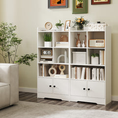 Estantería con Puertas Estante con 5 Compartimentos y 2 Gabinetes Armario de Exhibición Independiente para Sala de Estar Dormitorio Blanco