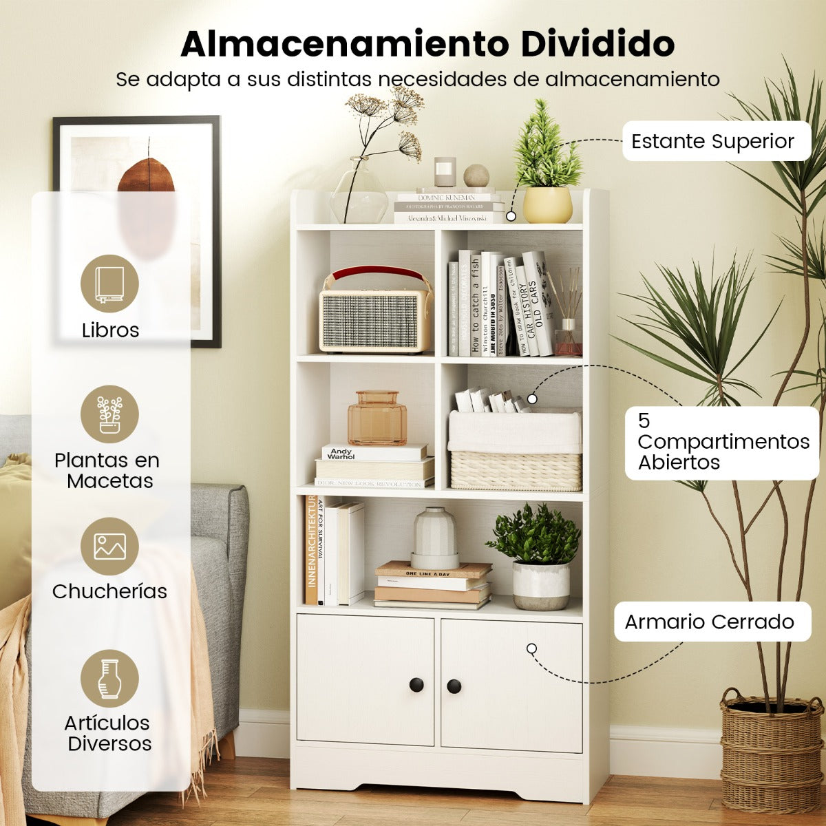 Estantería con Puertas Estante con 5 Compartimentos y 2 Gabinetes Armario de Exhibición Independiente para Sala de Estar Dormitorio Blanco