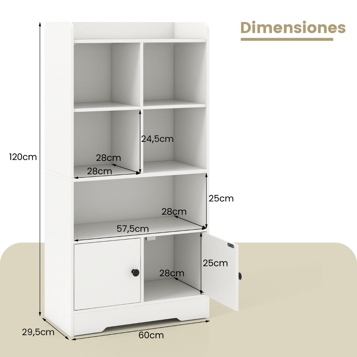 Estantería con Puertas Estante con 5 Compartimentos y 2 Gabinetes Armario de Exhibición Independiente para Sala de Estar Dormitorio Blanco
