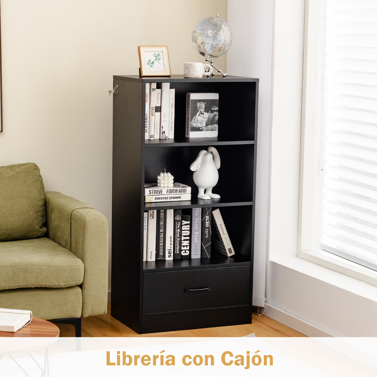 Estantería de 4 Niveles con Cajón de Almacenamiento Dispositivo Antivuelco Abierta Independiente para Estudio Salón 60 x 38 x 120 cm Negro