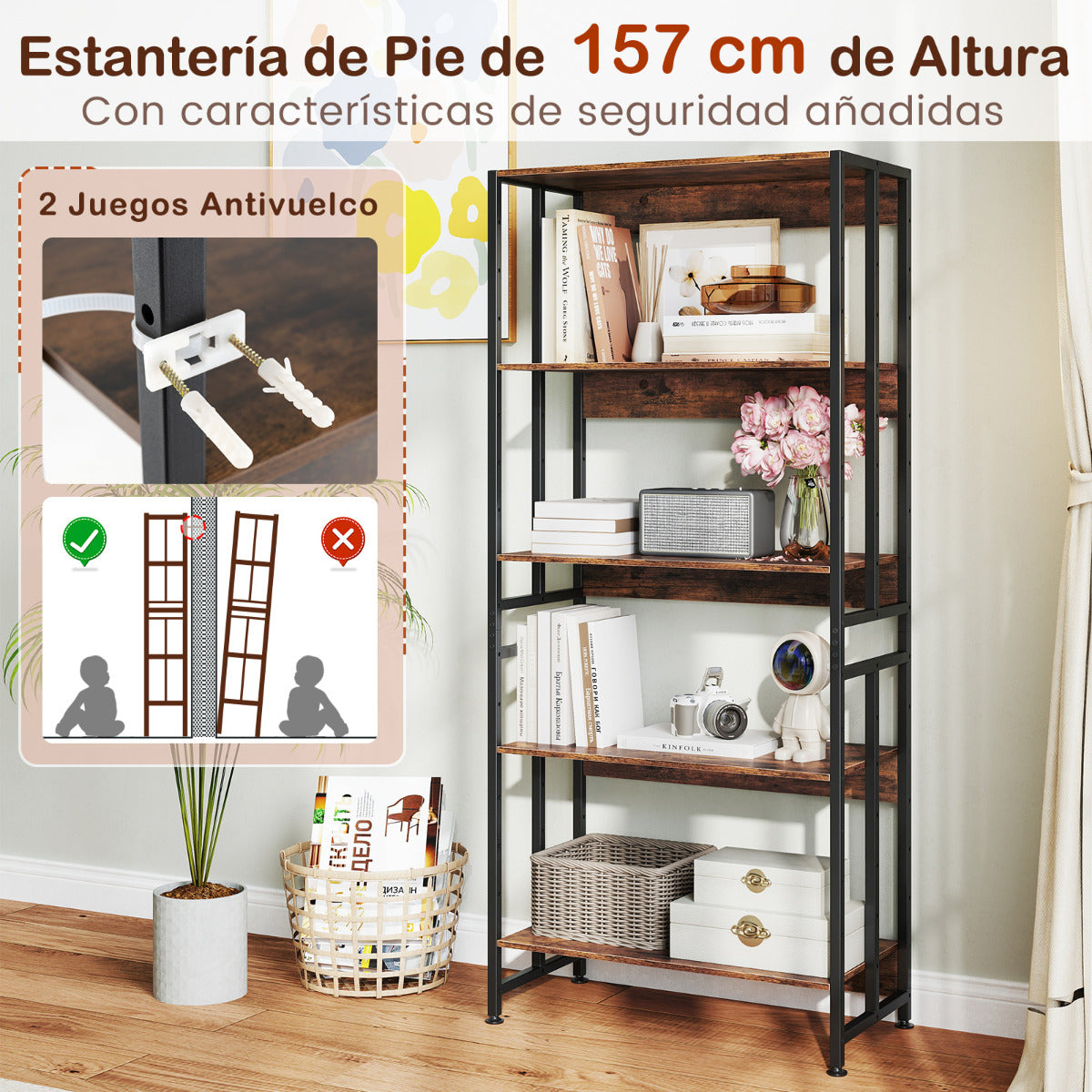 Estantería de 5 Estantes Alto de 157 cm con Estantes Ajustables Estante de Exhibición Industrial Estructura Metálica para Estudio Marrón
