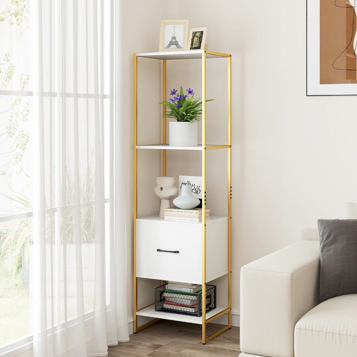 Estantería de 5 Niveles con Cajón Librería Alto y Estrecho con Estantes Marco de Metal Estante Independiente para Dormitorio Salón Blanco