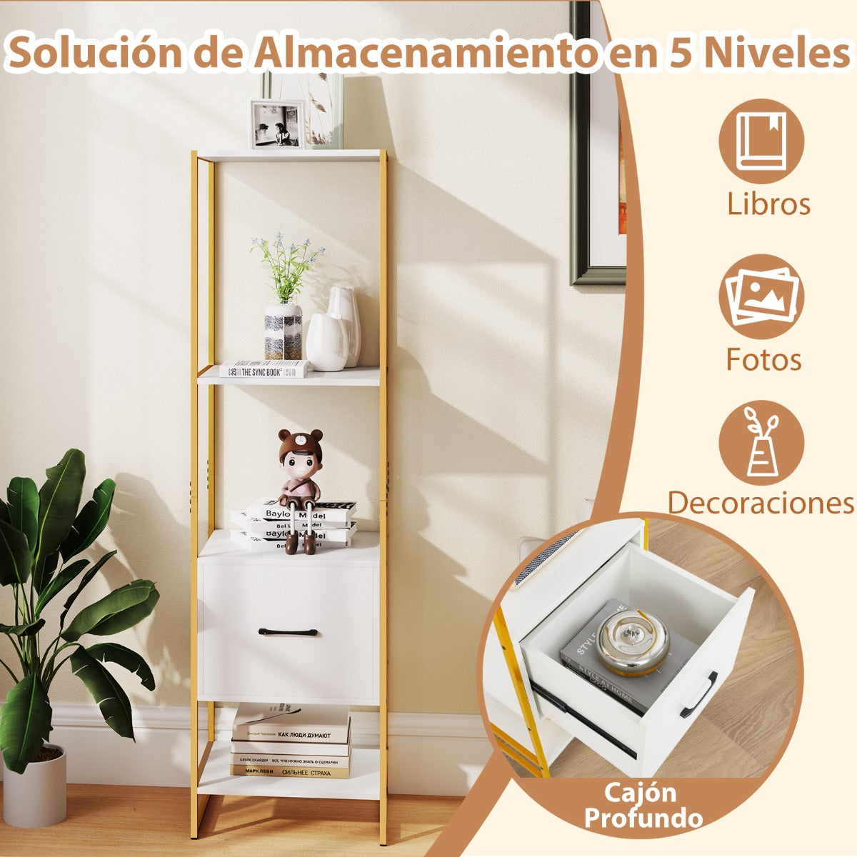 Estantería de 5 Niveles con Cajón Librería Alto y Estrecho con Estantes Marco de Metal Estante Independiente para Dormitorio Salón Blanco
