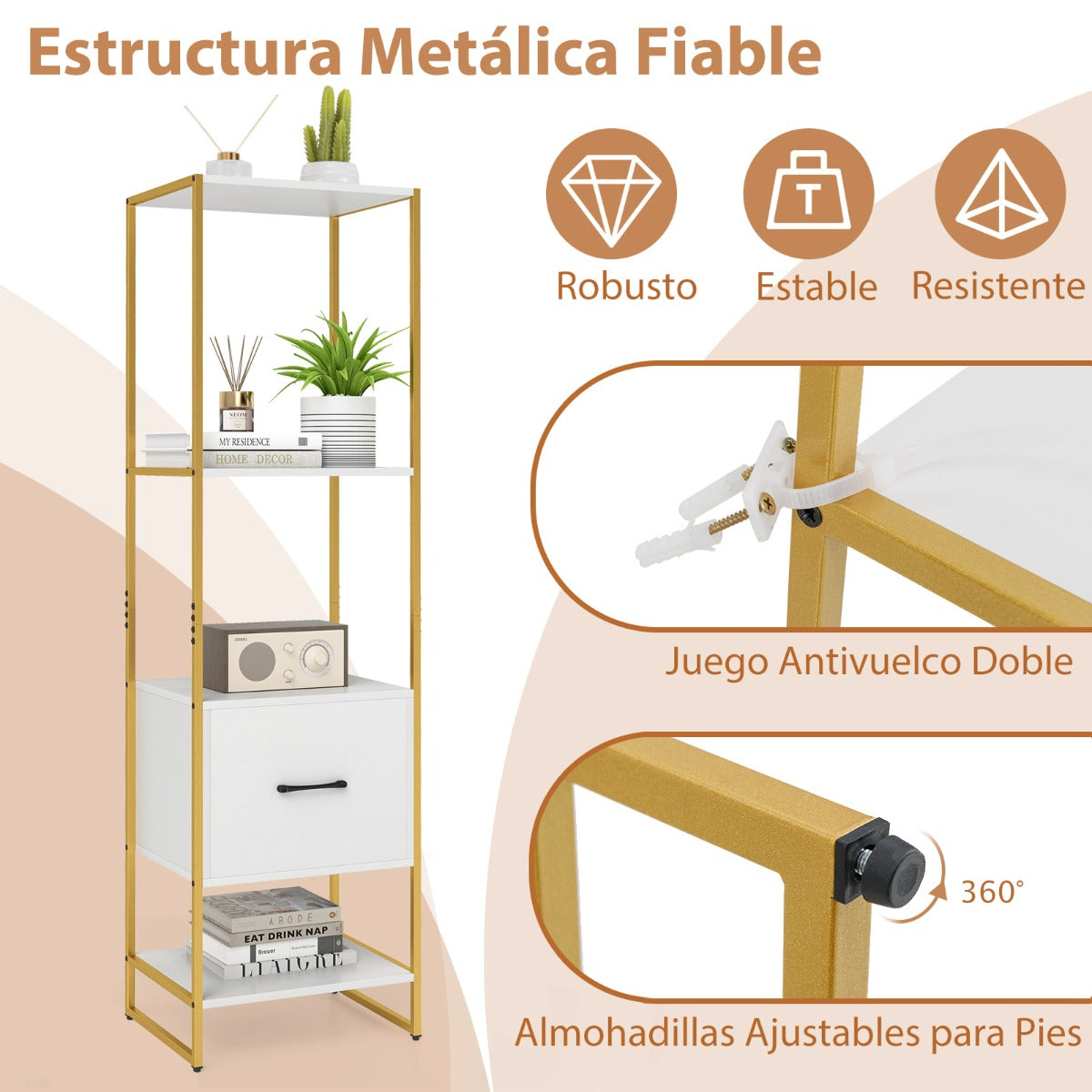 Estantería de 5 Niveles con Cajón Librería Alto y Estrecho con Estantes Marco de Metal Estante Independiente para Dormitorio Salón Blanco