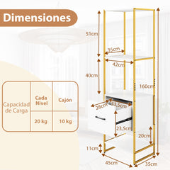 Estantería de 5 Niveles con Cajón Librería Alto y Estrecho con Estantes Marco de Metal Estante Independiente para Dormitorio Salón Blanco