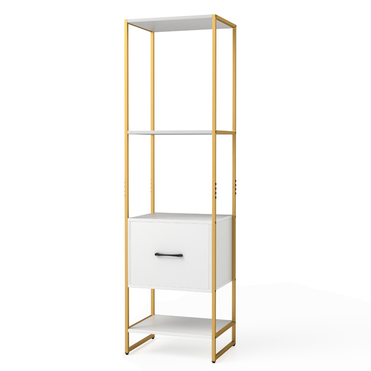 Estantería de 5 Niveles con Cajón Librería Alto y Estrecho con Estantes Marco de Metal Estante Independiente para Dormitorio Salón Blanco