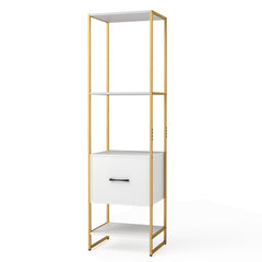 Estantería de 5 Niveles con Cajón Librería Alto y Estrecho con Estantes Marco de Metal Estante Independiente para Dormitorio Salón Blanco