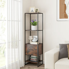 Estantería de 5 Niveles con Cajón Librería Alto y Estrecho con Estantes Marco de Metal Estante Independiente para Dormitorio Salón Marrón