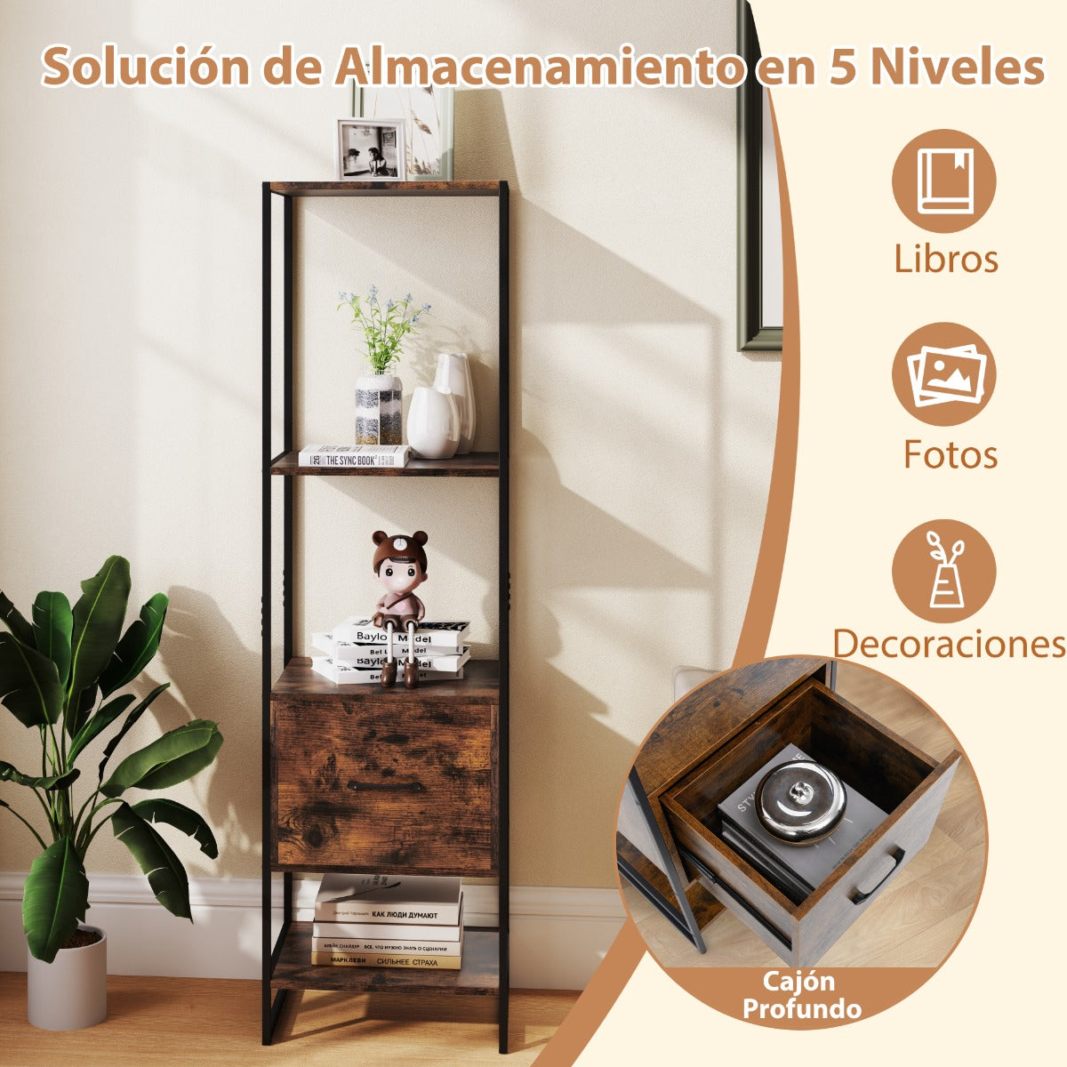 Estantería de 5 Niveles con Cajón Librería Alto y Estrecho con Estantes Marco de Metal Estante Independiente para Dormitorio Salón Marrón