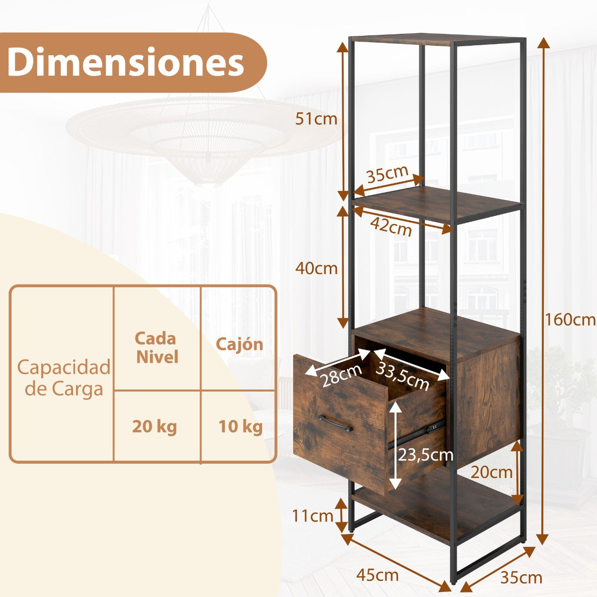 Estantería de 5 Niveles con Cajón Librería Alto y Estrecho con Estantes Marco de Metal Estante Independiente para Dormitorio Salón Marrón