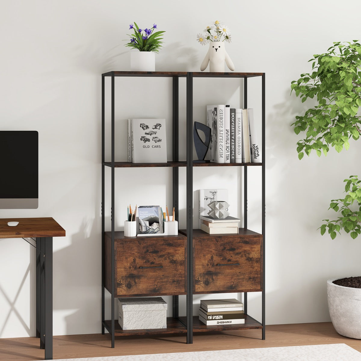 Estantería de 5 Niveles con Cajón Librería Alto y Estrecho con Estantes Marco de Metal Estante Independiente para Dormitorio Salón Marrón