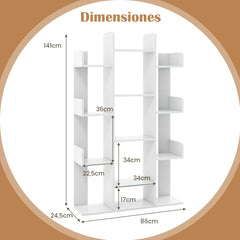Estantería de Árbol con 13 Estantes Abiertos Organizador de Almacenamiento de Libros de Esquina para Estudio 86 x 24,5 x 141 cm Blanco
