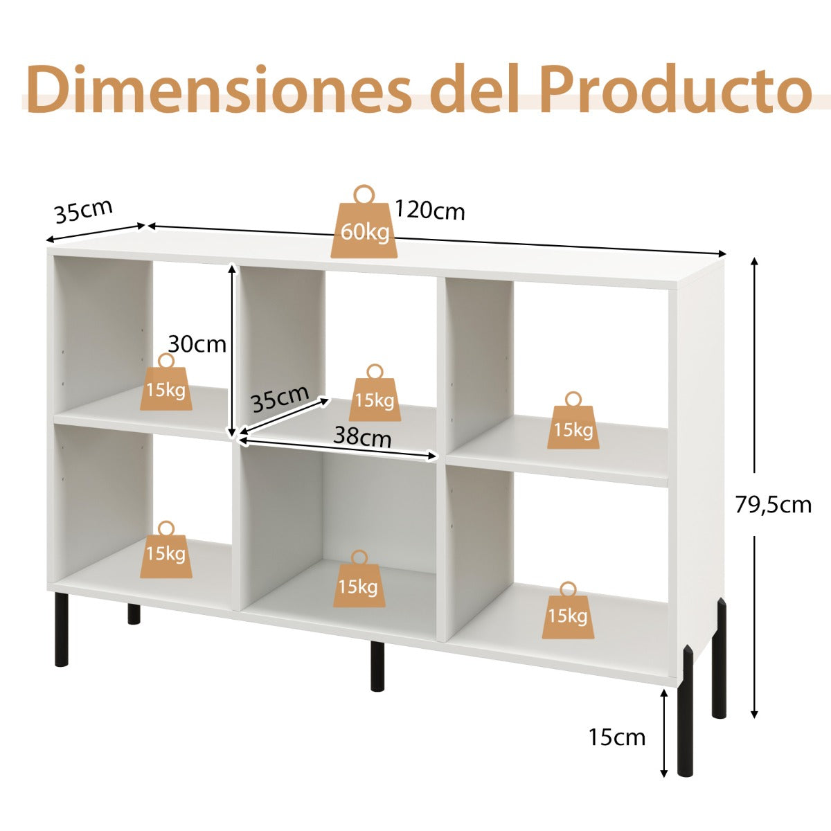Libreria Estanteria de 6 Cubos de Madera de 2 Niveles con Patas de Metal Ajustables en 5 Posiciones120 x 35 x 79,5 cm Blanco