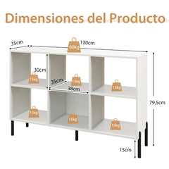 Libreria Estanteria de 6 Cubos de Madera de 2 Niveles con Patas de Metal Ajustables en 5 Posiciones120 x 35 x 79,5 cm Blanco