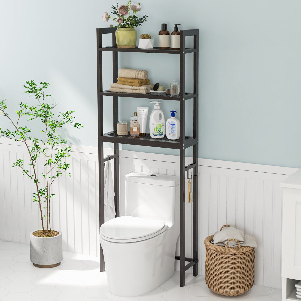 Estantería de Baño sobre Inodoro de Metal para el Baño Que Ahorra Espacio con 3 Ganchos y 3 Niveles 63 x 26,5 x 170 cm Marrón