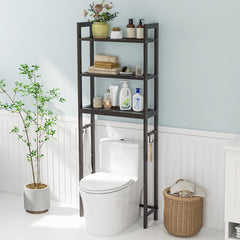 Estantería de Baño sobre Inodoro de Metal para el Baño Que Ahorra Espacio con 3 Ganchos y 3 Niveles 63 x 26,5 x 170 cm Marrón