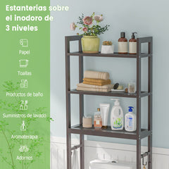 Estantería de Baño sobre Inodoro de Metal para el Baño Que Ahorra Espacio con 3 Ganchos y 3 Niveles 63 x 26,5 x 170 cm Marrón