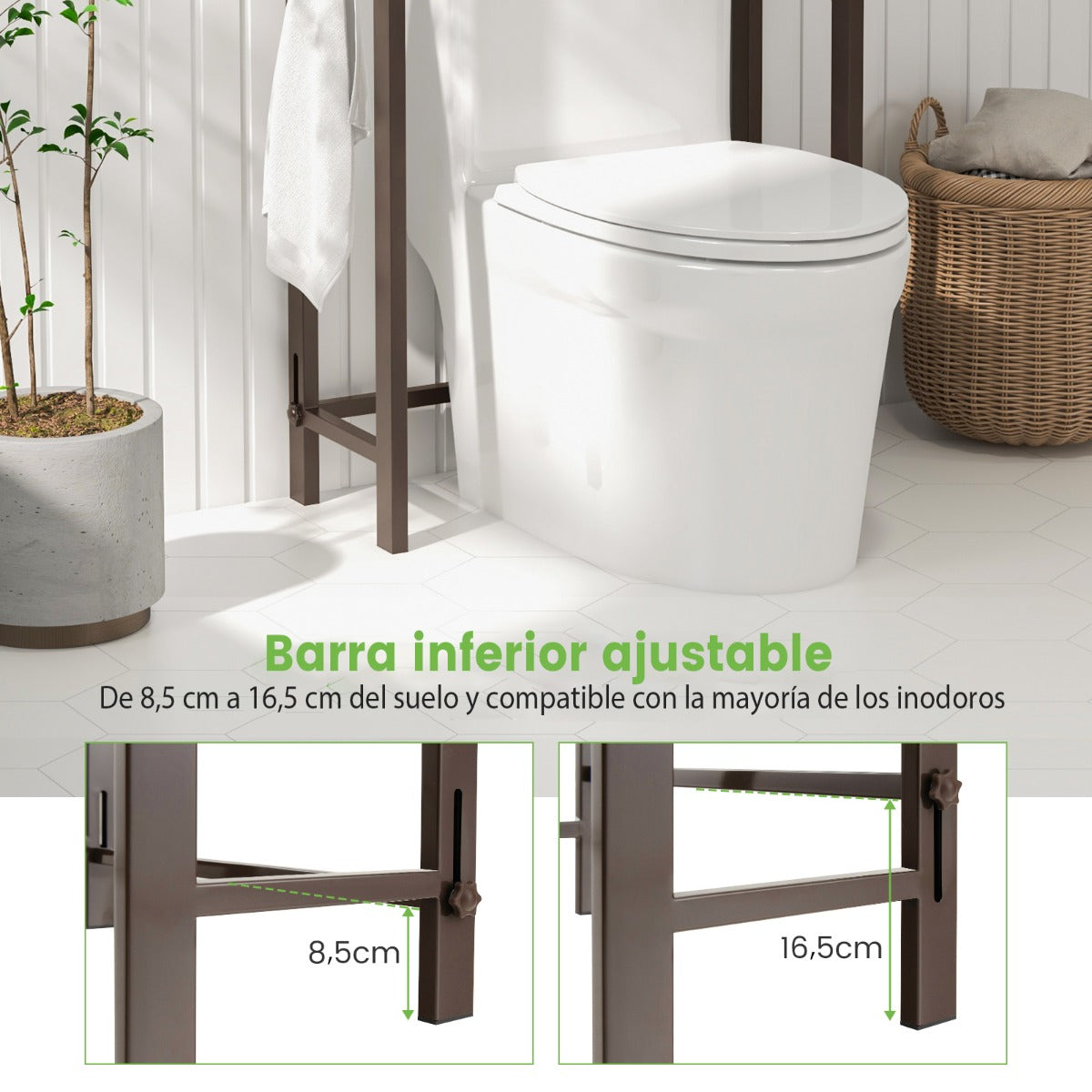 Estantería de Baño sobre Inodoro de Metal para el Baño Que Ahorra Espacio con 3 Ganchos y 3 Niveles 63 x 26,5 x 170 cm Marrón