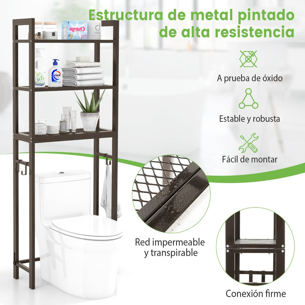 Estantería de Baño sobre Inodoro de Metal para el Baño Que Ahorra Espacio con 3 Ganchos y 3 Niveles 63 x 26,5 x 170 cm Marrón