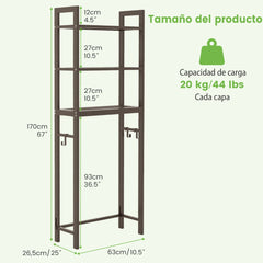 Estantería de Baño sobre Inodoro de Metal para el Baño Que Ahorra Espacio con 3 Ganchos y 3 Niveles 63 x 26,5 x 170 cm Marrón