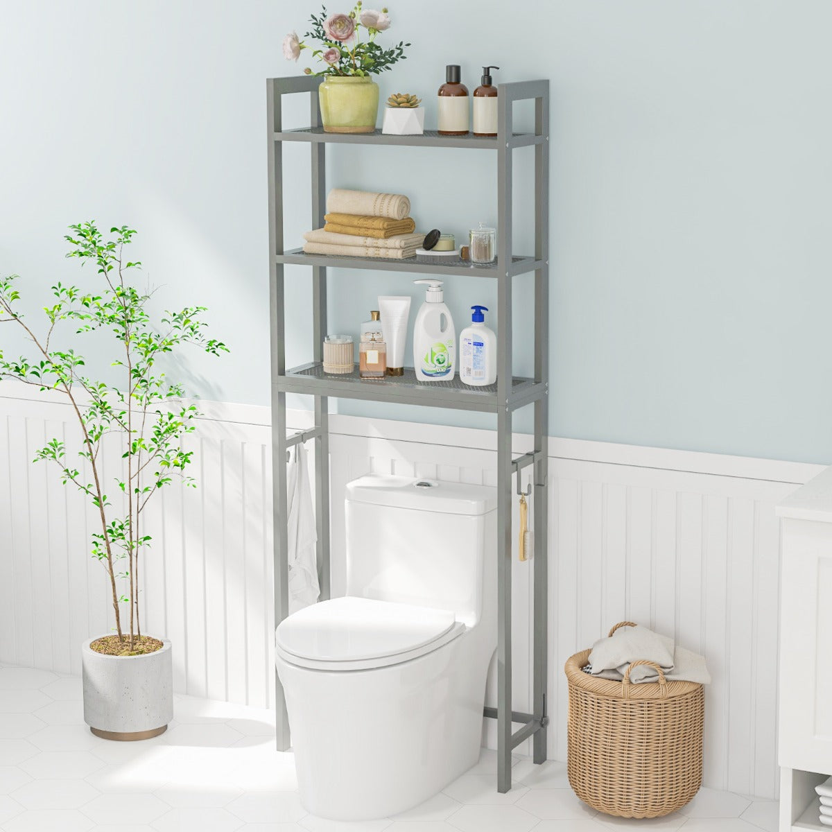 Estantería de Baño sobre Inodoro de Metal para el Baño Que Ahorra Espacio con 3 Ganchos y 3 Niveles 63 x 26,5 x 170 cm Gris