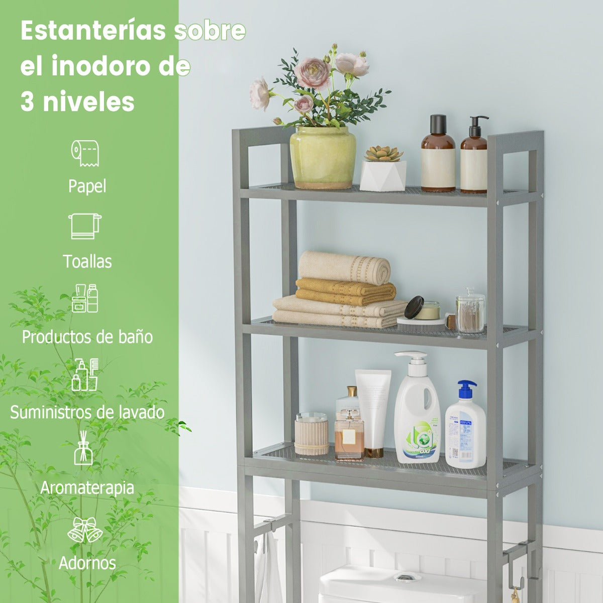 Estantería de Baño sobre Inodoro de Metal para el Baño Que Ahorra Espacio con 3 Ganchos y 3 Niveles 63 x 26,5 x 170 cm Gris
