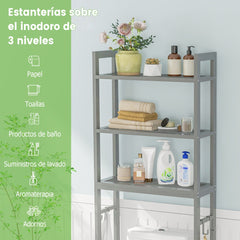 Estantería de Baño sobre Inodoro de Metal para el Baño Que Ahorra Espacio con 3 Ganchos y 3 Niveles 63 x 26,5 x 170 cm Gris