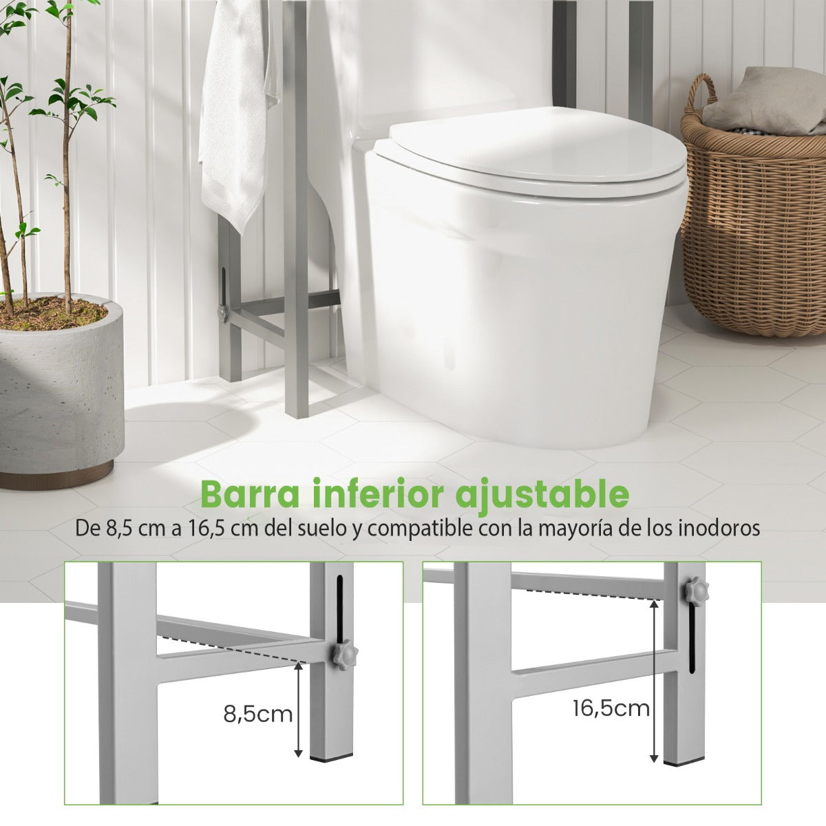 Estantería de Baño sobre Inodoro de Metal para el Baño Que Ahorra Espacio con 3 Ganchos y 3 Niveles 63 x 26,5 x 170 cm Gris