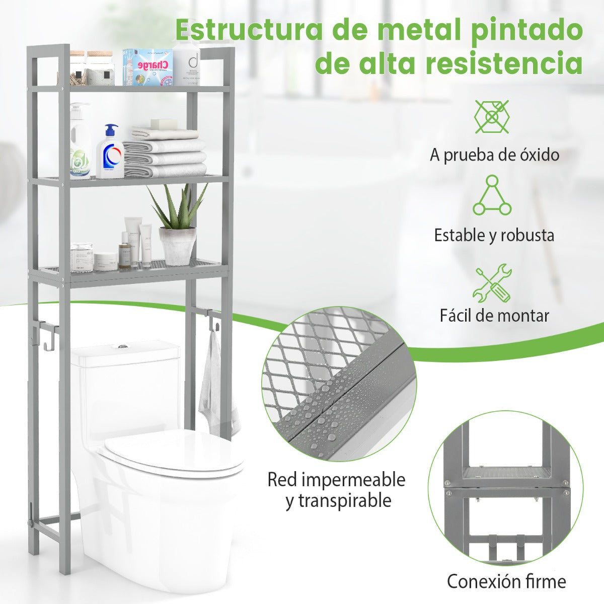 Estantería de Baño sobre Inodoro de Metal para el Baño Que Ahorra Espacio con 3 Ganchos y 3 Niveles 63 x 26,5 x 170 cm Gris