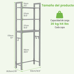 Estantería de Baño sobre Inodoro de Metal para el Baño Que Ahorra Espacio con 3 Ganchos y 3 Niveles 63 x 26,5 x 170 cm Gris