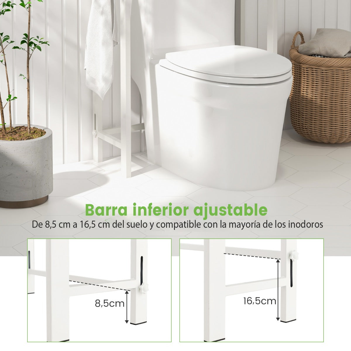 Estantería de Baño sobre Inodoro de Metal para el Baño Que Ahorra Espacio con 3 Ganchos y 3 Niveles 63 x 26,5 x 170 cm Blanco