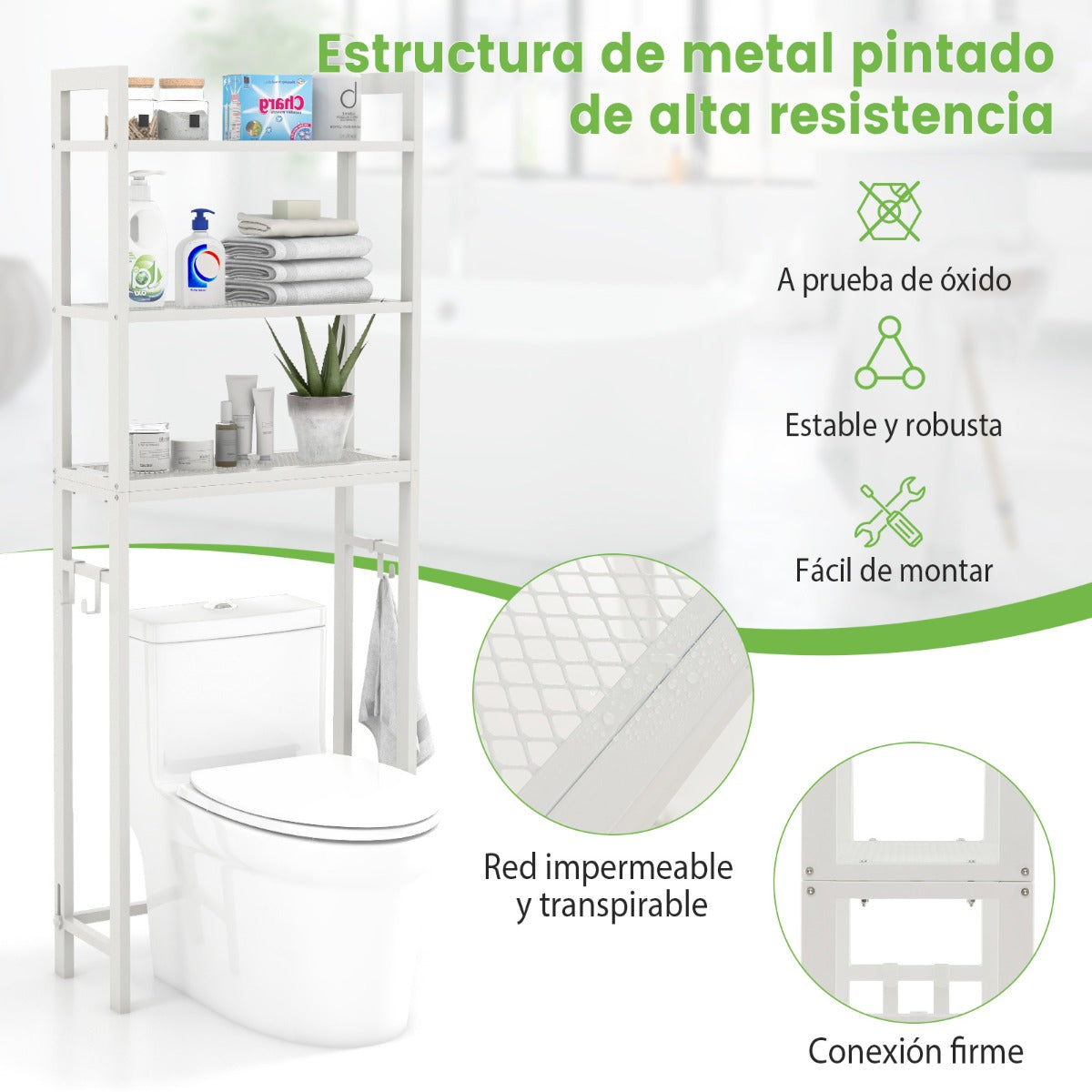 Estantería de Baño sobre Inodoro de Metal para el Baño Que Ahorra Espacio con 3 Ganchos y 3 Niveles 63 x 26,5 x 170 cm Blanco
