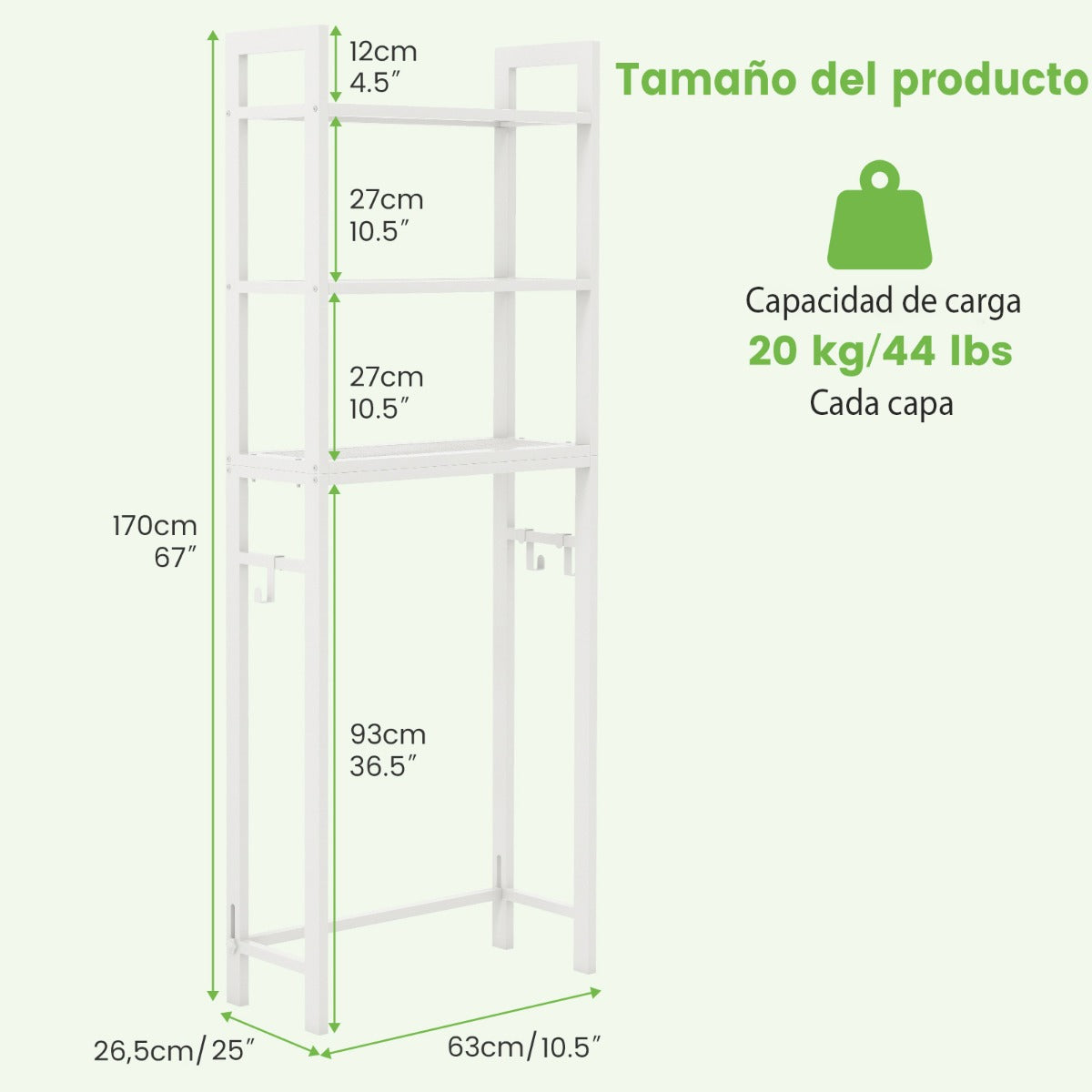 Estantería de Baño sobre Inodoro de Metal para el Baño Que Ahorra Espacio con 3 Ganchos y 3 Niveles 63 x 26,5 x 170 cm Blanco
