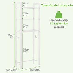 Estantería de Baño sobre Inodoro de Metal para el Baño Que Ahorra Espacio con 3 Ganchos y 3 Niveles 63 x 26,5 x 170 cm Blanco