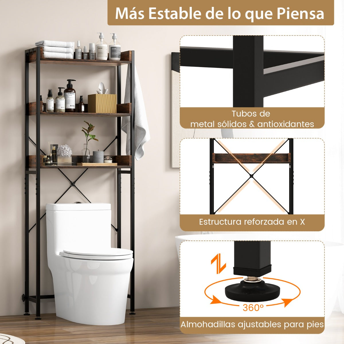 Estantería sobre Inodoro de Almacenamiento de 3 Niveles con 4 Ganchos y Barra Ajustable para Baño Lavadero 63 x 24 x 164 cm Marrón