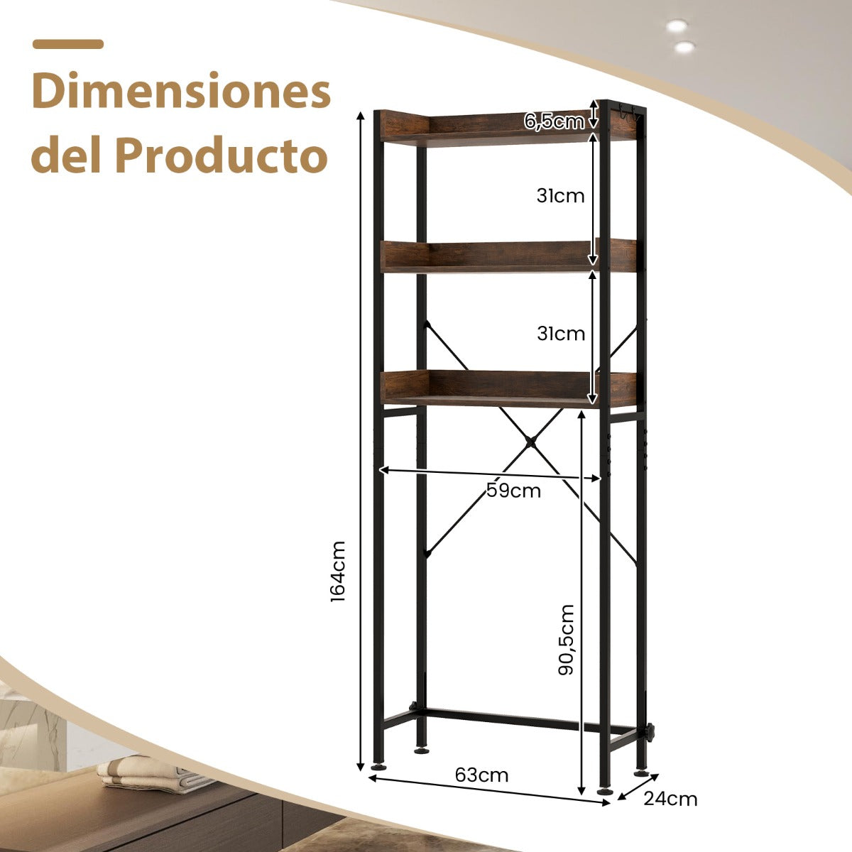 Estantería sobre Inodoro de Almacenamiento de 3 Niveles con 4 Ganchos y Barra Ajustable para Baño Lavadero 63 x 24 x 164 cm Marrón