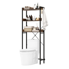 Estantería sobre Inodoro de Almacenamiento de 3 Niveles con 4 Ganchos y Barra Ajustable para Baño Lavadero 63 x 24 x 164 cm Marrón