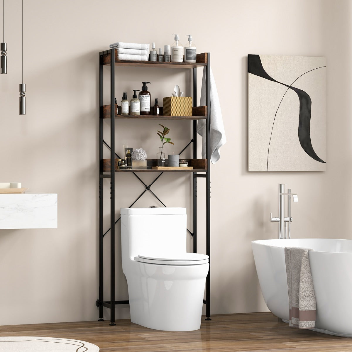 Estantería sobre Inodoro de Almacenamiento de 3 Niveles con 4 Ganchos y Barra Ajustable para Baño Lavadero 63 x 24 x 164 cm Marrón