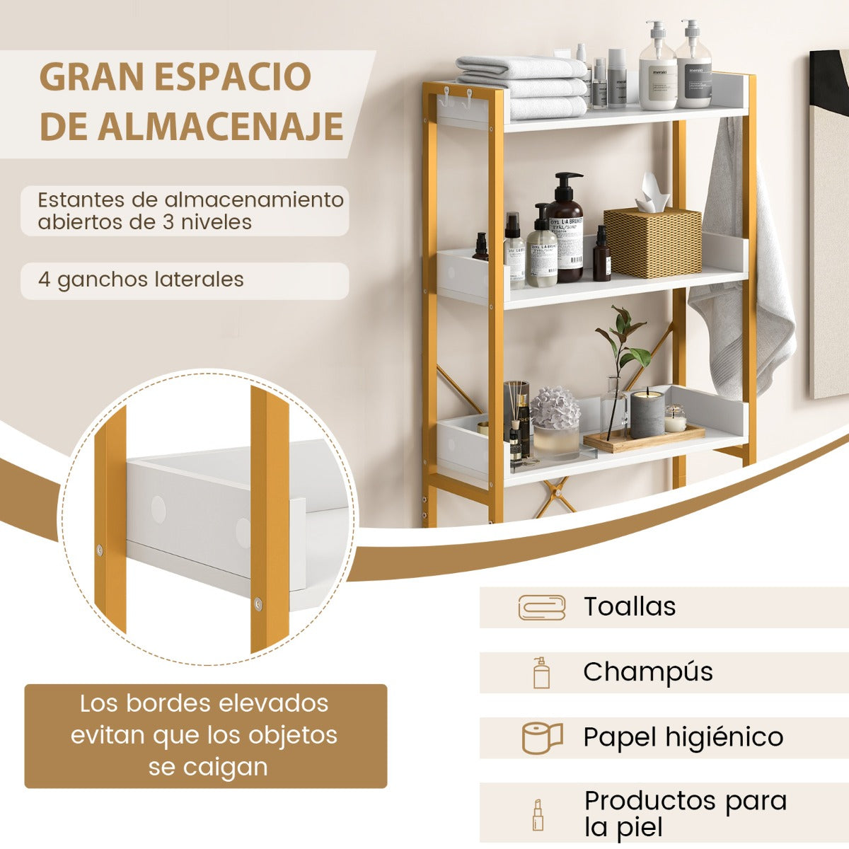 Estantería sobre Inodoro de Almacenamiento de 3 Niveles con 4 Ganchos y Barra Ajustable para Baño Lavadero 63 x 24 x 164 cm Blanco