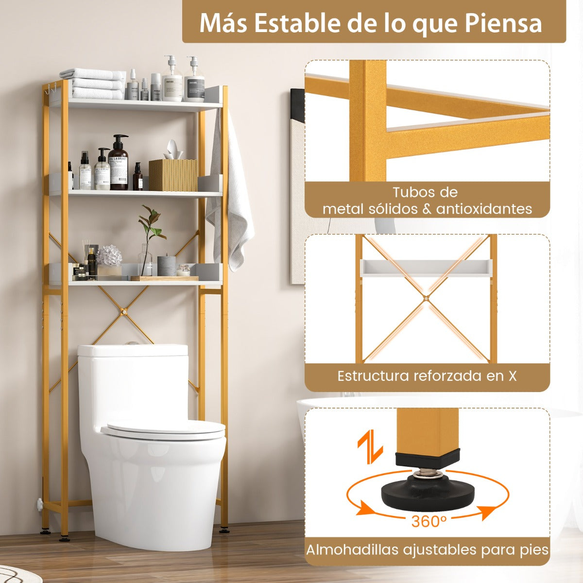 Estantería sobre Inodoro de Almacenamiento de 3 Niveles con 4 Ganchos y Barra Ajustable para Baño Lavadero 63 x 24 x 164 cm Blanco