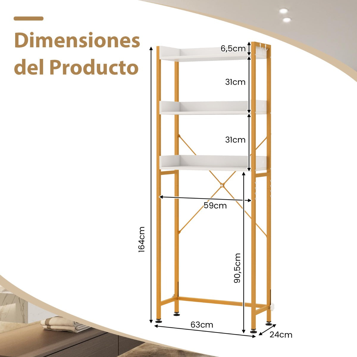 Estantería sobre Inodoro de Almacenamiento de 3 Niveles con 4 Ganchos y Barra Ajustable para Baño Lavadero 63 x 24 x 164 cm Blanco