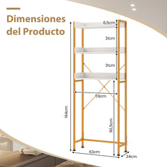 Estantería sobre Inodoro de Almacenamiento de 3 Niveles con 4 Ganchos y Barra Ajustable para Baño Lavadero 63 x 24 x 164 cm Blanco