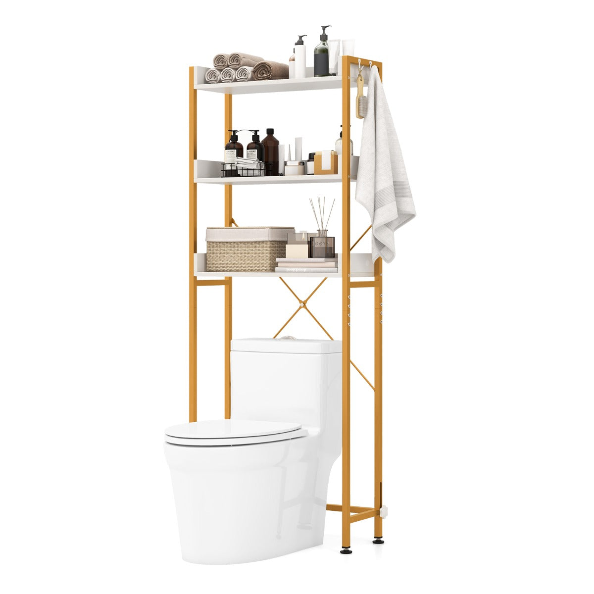 Estantería sobre Inodoro de Almacenamiento de 3 Niveles con 4 Ganchos y Barra Ajustable para Baño Lavadero 63 x 24 x 164 cm Blanco