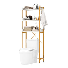 Estantería sobre Inodoro de Almacenamiento de 3 Niveles con 4 Ganchos y Barra Ajustable para Baño Lavadero 63 x 24 x 164 cm Blanco