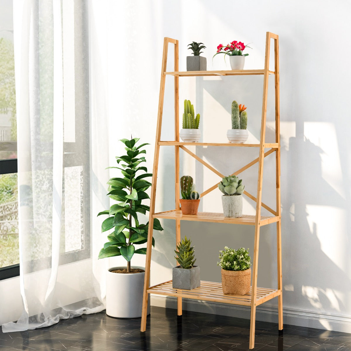 Estantería de Bambú de Escalera de 4 Niveles Soporte para Plantas Antivuelco para Sala de Estar y Oficina 60 x 35,5 x 148 cm Natural