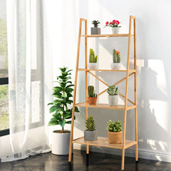 Estantería de Bambú de Escalera de 4 Niveles Soporte para Plantas Antivuelco para Sala de Estar y Oficina 60 x 35,5 x 148 cm Natural