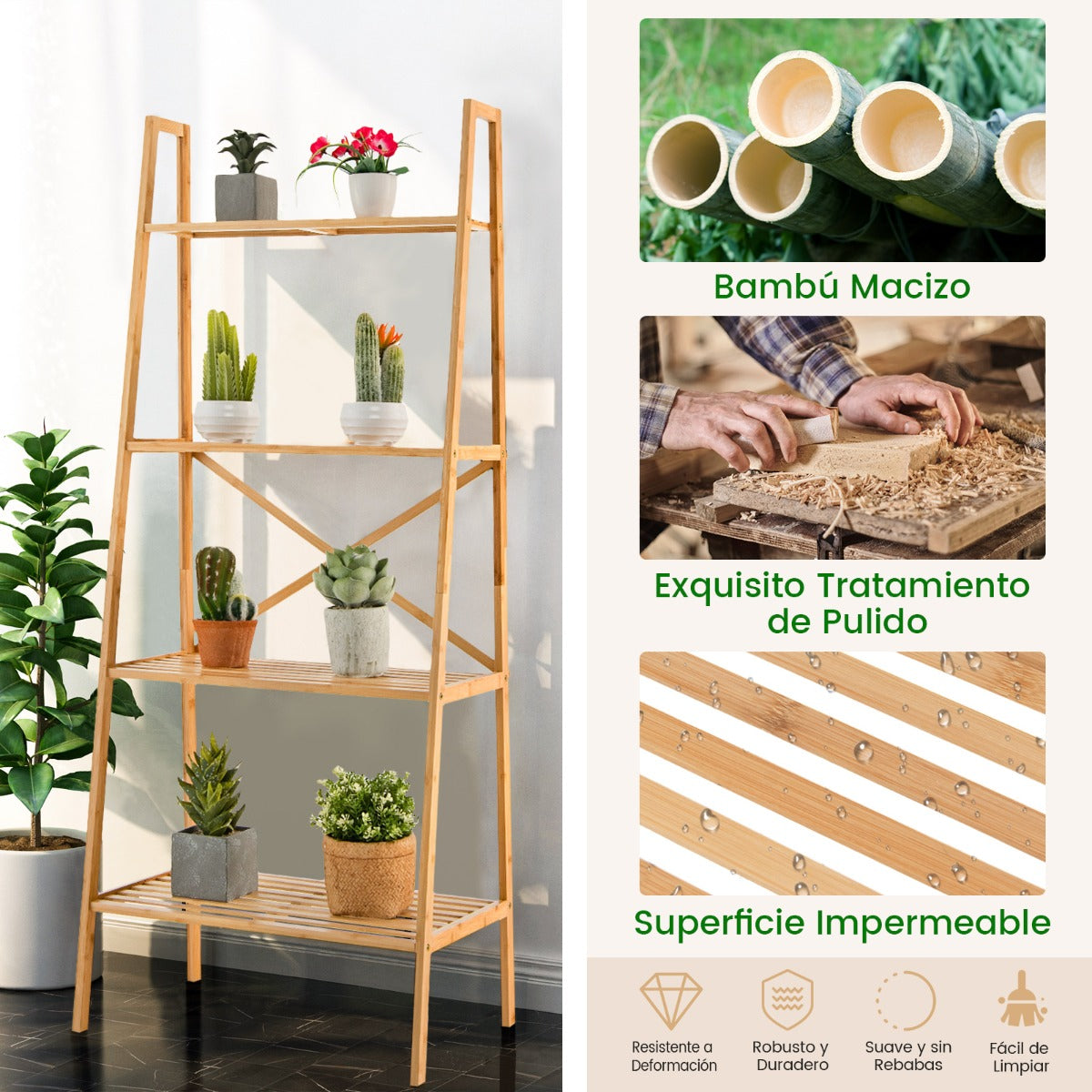 Estantería de Bambú de Escalera de 4 Niveles Soporte para Plantas Antivuelco para Sala de Estar y Oficina 60 x 35,5 x 148 cm Natural